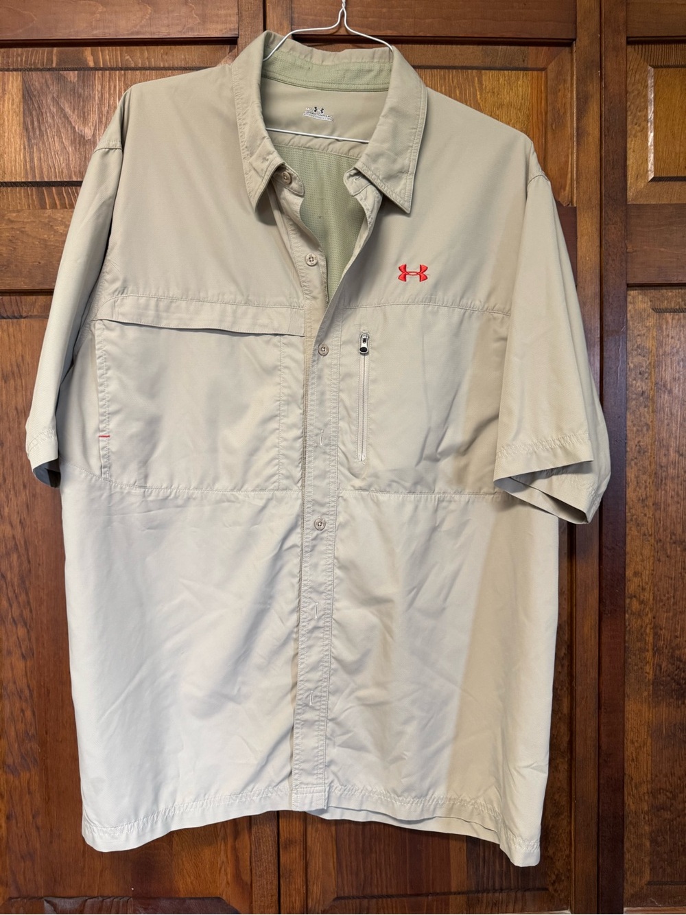 Under Armour Short-Sleeve Button-Front Shirt in Khaki with Red Logo